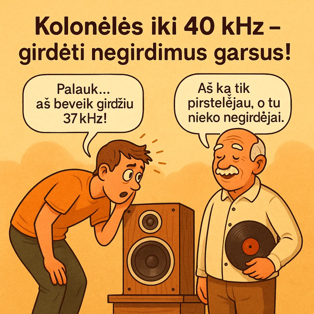 Senelis ir jaunuolis diskutuoja apie negirdimus dažnius – humoristinė iliustracija apie 40 kHz garso marketingą.