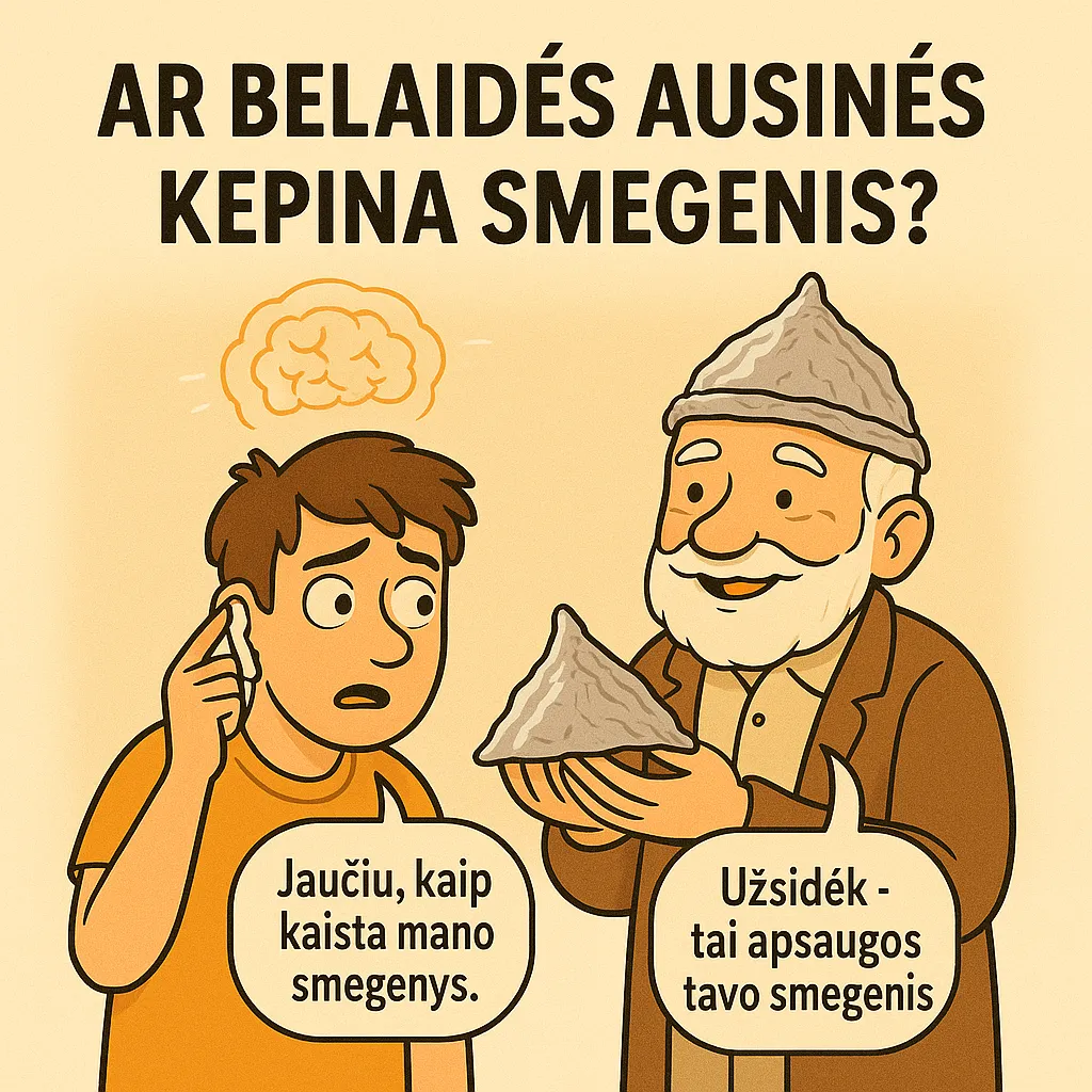 Iliustracija apie mitą, kad belaidės ausinės kenkia smegenims.