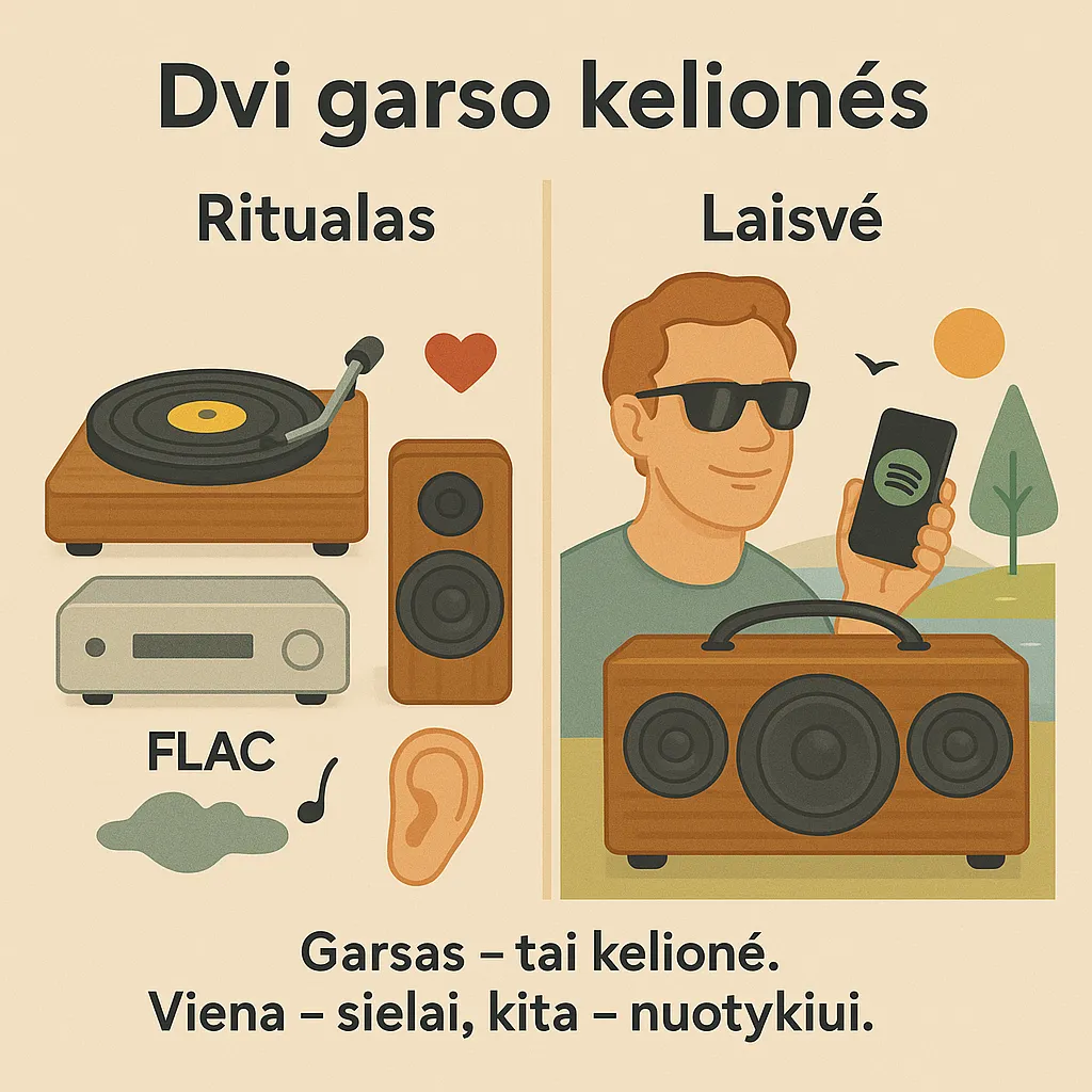 Dvi garso kelionės: viena – kaip ritualas su FLAC ir plokštele, kita – kaip laisvė su Spotify ir nešiojama kolonėle.