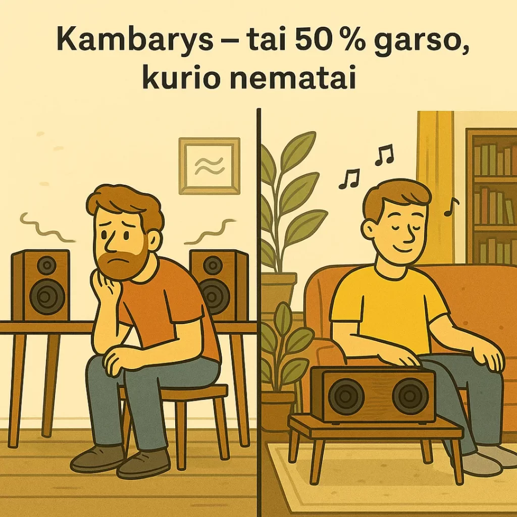 Kambario akustika lemia iki 50 % garso kokybės – žmogus klausosi garso skirtingose aplinkose