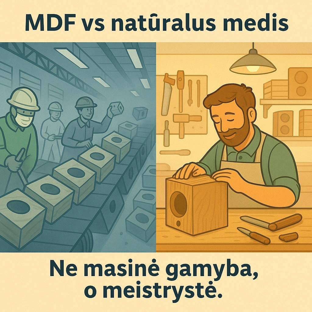 MDF vs natūralus medis – iliustracija su fabriko konvejeriu ir meistru, gaminančiu kolonėlę rankomis.