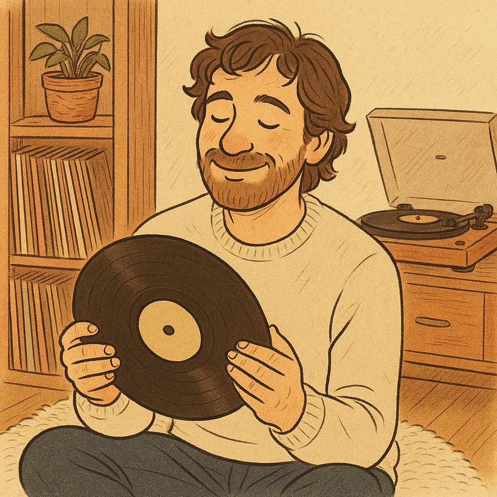 Laimingas žmogus rankose laiko vinilinę plokštelę – emocinis ryšys su muzika per vinilą