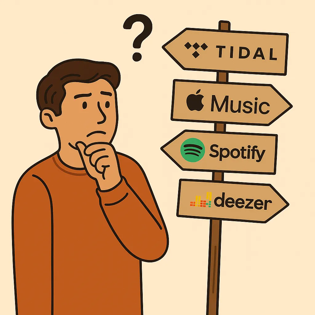 Vyras sankryžoje mąsto, kurią muzikos transliavimo platformą pasirinkti: Tidal, Spotify, Apple Music ar Deezer.