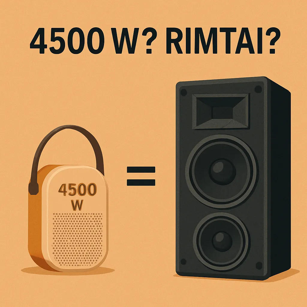 Iliustracija su užrašu „4500 W? Rimtai?“ ir simboliniu palyginimu tarp skaičių bei tikro garso.