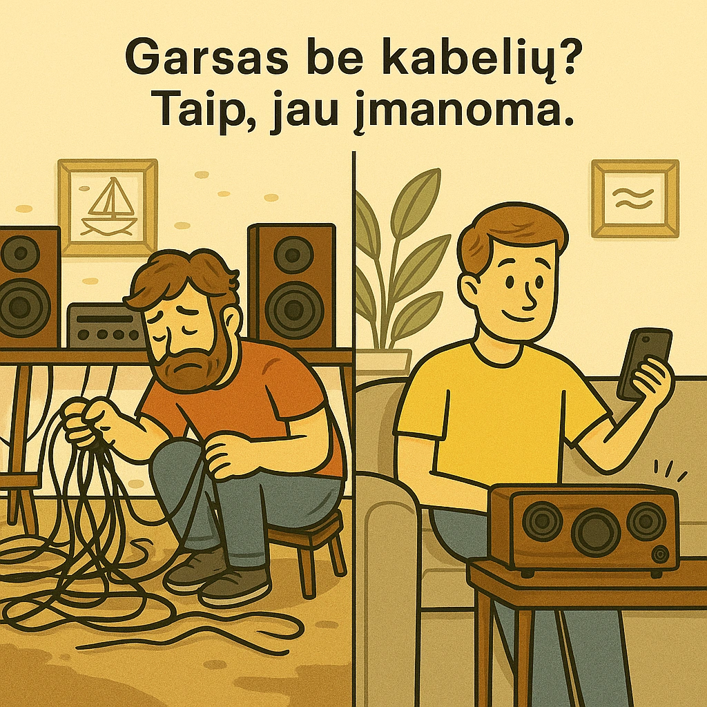 Du vyrai – vienas painiojasi laiduose, kitas klausosi muzikos iš belaidės kolonėlės. Užrašas: „Garsas be kabelių? Taip, jau įmanoma.