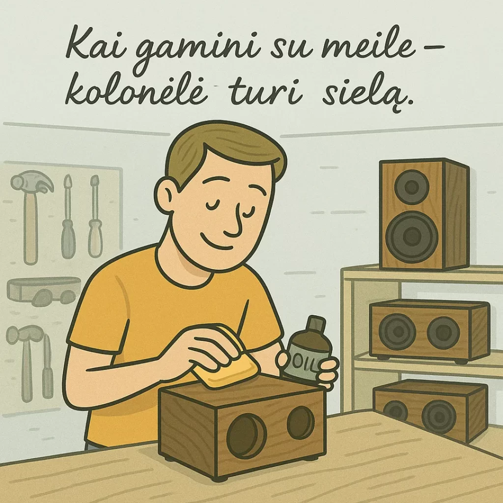 Rankų darbo medinė kolonėlė gaminama su meile Wood4Sound dirbtuvėse – garsas su siela.